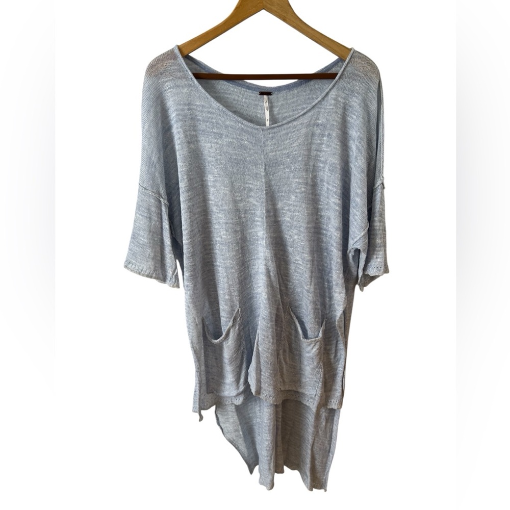 Free People Melange Hi Low Linen Blend Sweater Size: M Tunic Oversized Blue